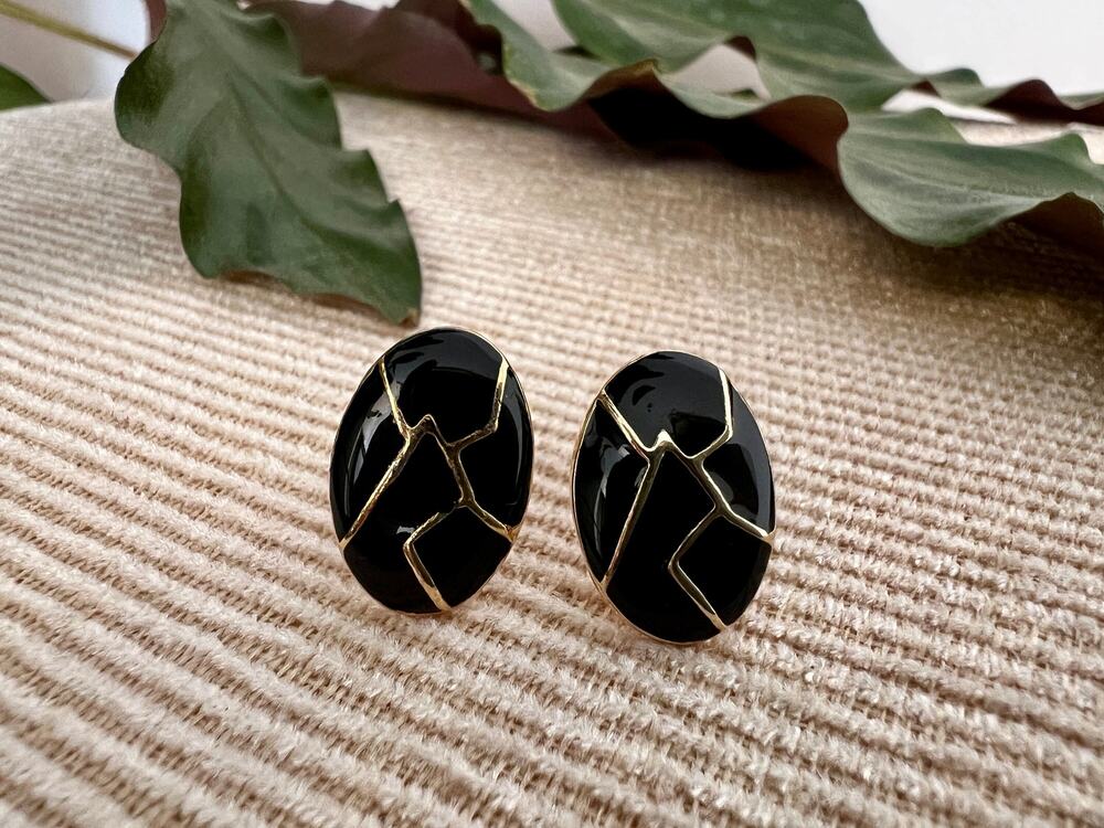 Vintage Mod Black & Gold Geometric Earrings, Clip-on Costume Earrings